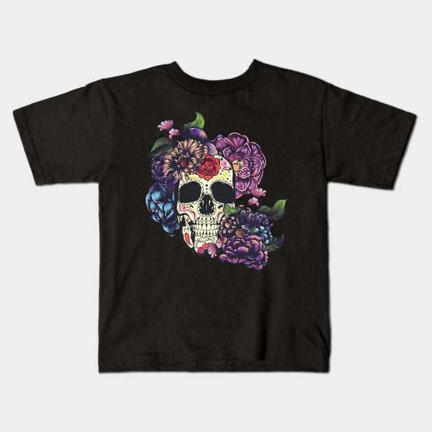 Sugar skull with flowers Kids T-Shirt by AnnArtshock